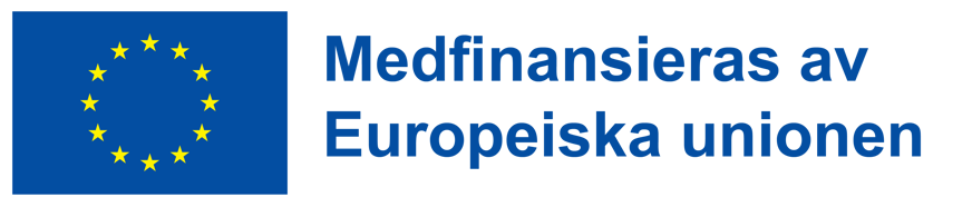 EU:s logotyp. Blå bakgrund med 12 gula stjärnor som bildar en cirkel. Texten: Medfinansieras av Europeiska Unionen.