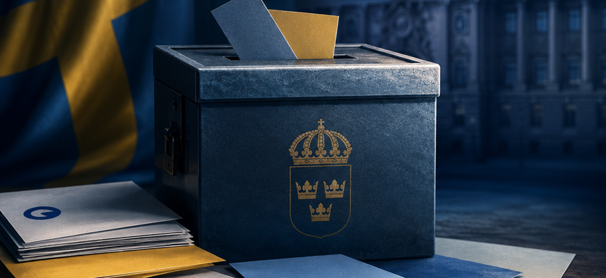 En blå valurna med Sveriges riksvapen i guld står framför en stor svensk flagga. Runt urnan ligger valsedlar och kuvert i olika färger med partisymboler. I bakgrunden syns riksdagshuset i skymningsljus. Ögoncastens logotyp finns i bildens nedre högra hörn.