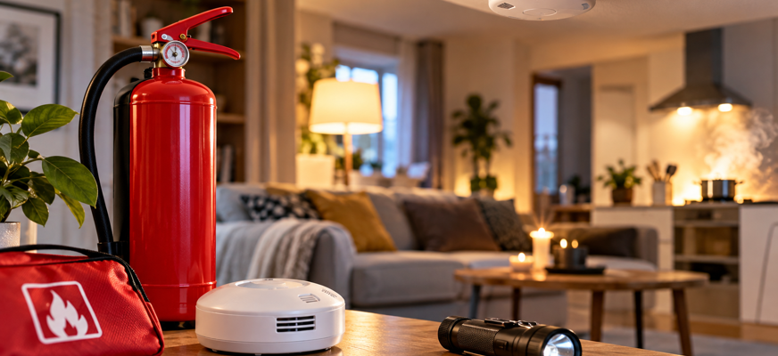 Ett hemtrevligt vardagsrum med kök i bakgrunden. I förgrunden syns en brandsläckare, brandvarnare, brandfilt och ficklampa. På spisen står en kastrull som ryker.