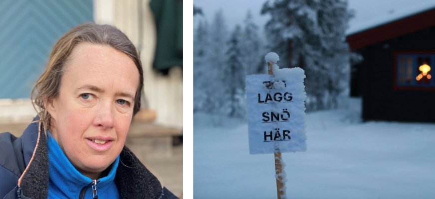 Till vänster syns en närbild på en kvinna med ljust hår uppsatt bakåt. Hon bär en blå jacka och står utomhus framför en husfasad. Till höger syns en snötäckt miljö i skymningsljus. En liten skylt på en pinne sticker upp ur snön med texten ”LÄGG SNÖ HÄR”. I bakgrunden syns ett mörkt hus med ett upplyst fönster.