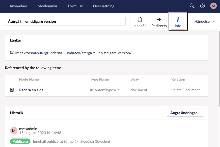 Knappen info (med i-symbol) markerad. Strax nedanför den ligger knappen Ångra ändringar.