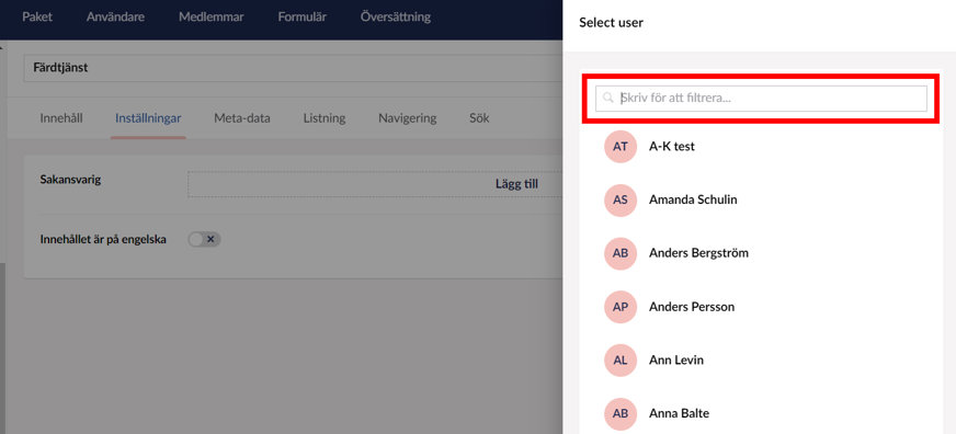 Redaktörsvy Umbraco CMS.  Röd ram runt sökfältet.