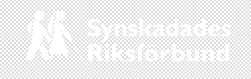 Logotyp i vitt Synskadades Riksförbund. Frilagd bakgrund, mycket dåliga kontraster. Stiliserad man och kvinna med vit käpp i profil.