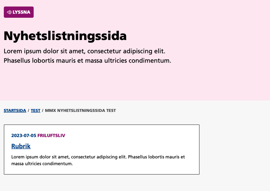 Skärmbild av nyhetslistningssida med en nyhet