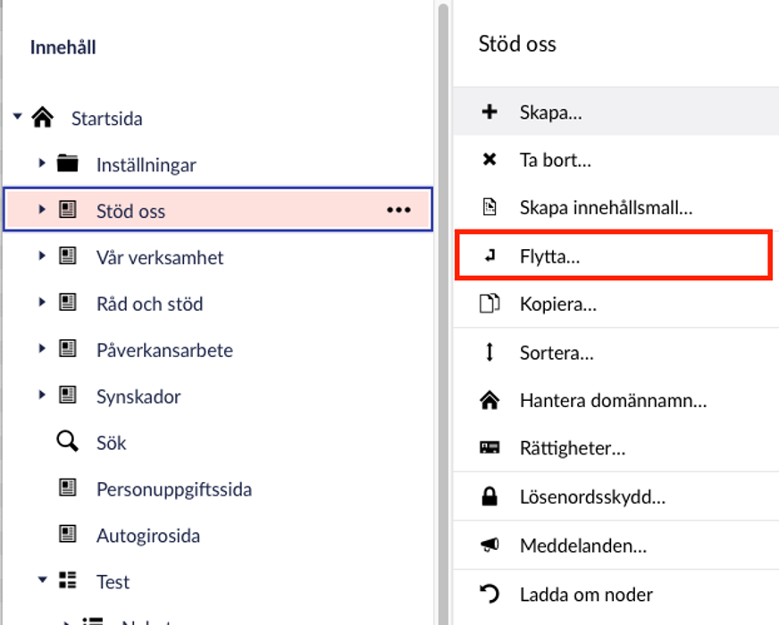 Redigeringsmenyn för en sida innehåller bland annat alternativet flytta