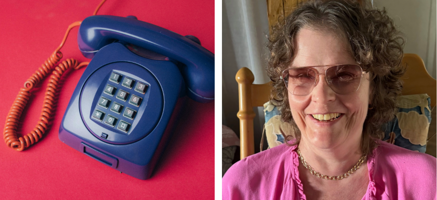 Två bilder sida vid sida. Till vänster syns en blå knapptelefon med lur och spiralsladd mot en röd bakgrund. Till höger syns en kvinna med lockigt hår och solglasögon som ler, klädd i rosa tröja och guldkedja, sittande inomhus.
