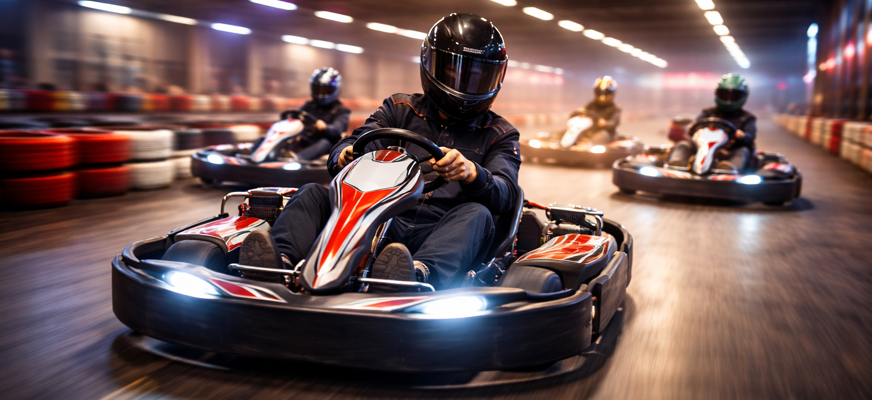 Ett gäng personer kör gokart i en inomhushall i hög fart, med hjälmar som döljer deras ansikten. Banan är upplyst och kantad av skyddsbarriärer, vilket skapar en intensiv och fartfylld stämning.