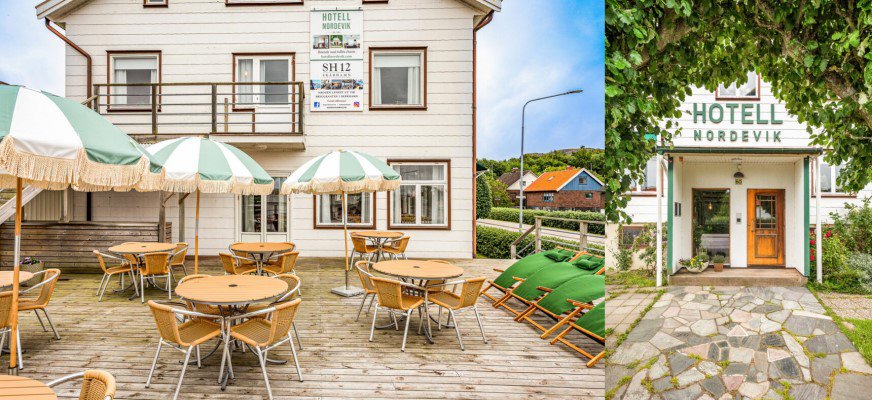 Bild 1: En uteservering framför Hotell Nordevik. På trädäcket står runda bord med stolar och gröna och vita parasoller. Bild 2: Entrén till Hotell Nordevik. Fasaden är ljus med gröna detaljer. Ovanför dörren finns en stor skylt med hotellets namn i gröna bokstäver. Framför dörren står blomkrukor. Ingången ramas in av grönska.