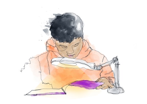 Illustration, person läser bok genom förstoringslampa