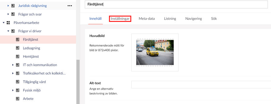Redaktörsvy Umbraco CMS. Fliken "Inställningar" markerad med röd ram.