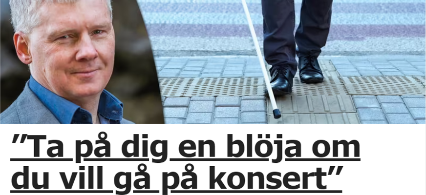 Skärmavbild från Aftonbladets webbsida: Porträttbild av Niklas Mattsson i blå skjorta och grå kavaj mot en bergvägg, bredvid en bild av två ben bakom en vit käpp på en räfflad ledstråksyta.