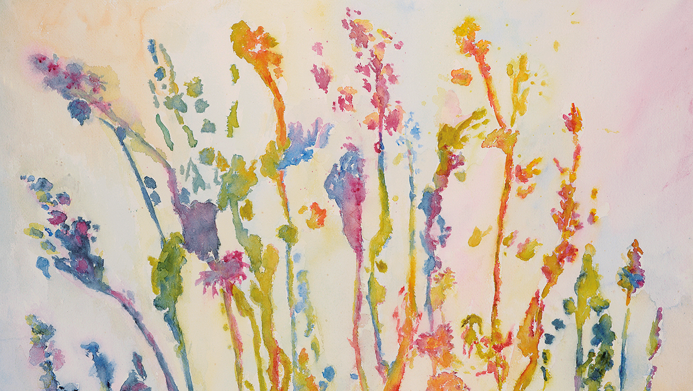 Målning i akvarell. Abstrakta ängsblommor i lila, blå, rosa, gul, orange och grön mot ljus bakgrund. 