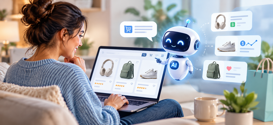 En kvinna handlar på nätet via sin bärbara dator. Bredvid henne svävar en vänlig AI-robot som hjälper till att jämföra produkter, priser och kundomdömen.