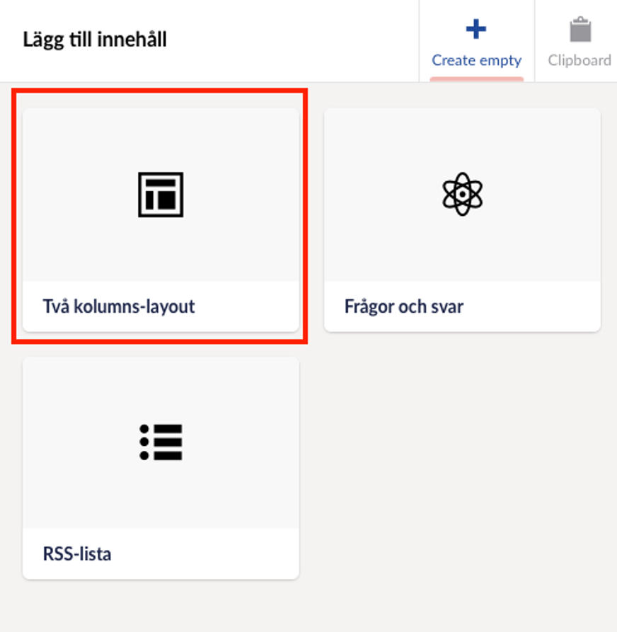 Förutom tvåkolumnslayout syns här alternativen frågor och svar samt rss-lista.