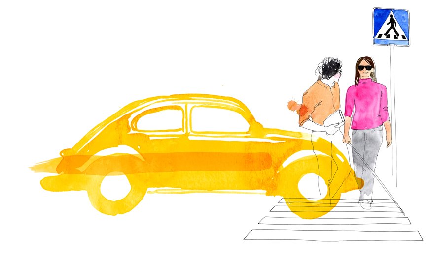 Illustration, bil och övergångsställe
