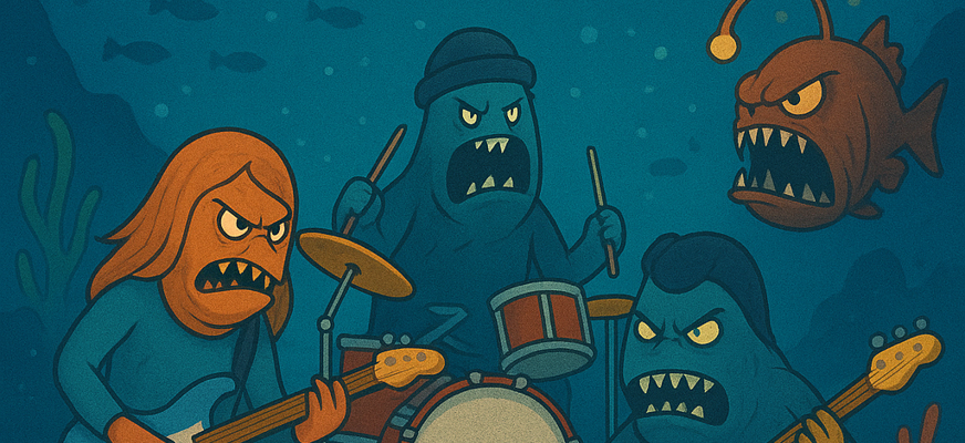 En färgstark och humoristisk undervattensscen visar ett hårdrocksband bestående av arga fiskar som spelar elgitarr, bas och trummor på havsbotten. Bakom dem simmar stora rovfiskar – bland annat en haj och en djuphavsfisk med lysande antenn – i ett hav fyllt av koraller, bubblor och vulkanisk aktivitet.