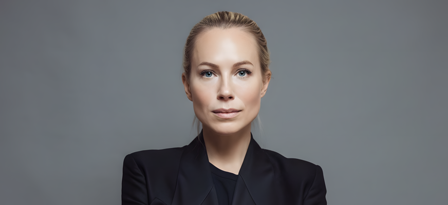 Anna Quarnström står med armarna i kors och tittar rakt in i kameran. Hon är klädd i svart kavaj och har sitt blonda hår uppsatt i en knut i nacken.