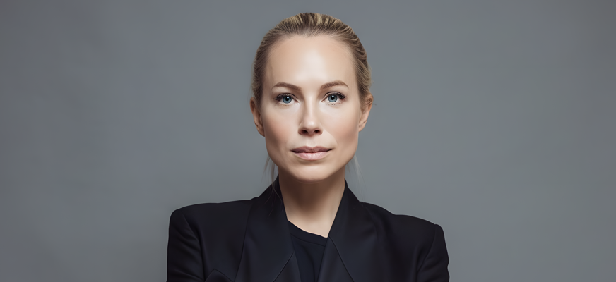 Anna Quarnström står med armarna i kors och tittar rakt in i kameran. Hon är klädd i svart kavaj och har sitt blonda hår uppsatt i en knut i nacken.