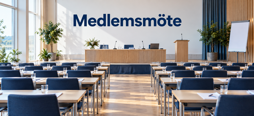 Stor möteslokal med bord och stolar i rader. Vid platserna ligger papper och pennor. Längst fram finns ett podium med bord, stolar, laptop, mikrofoner och vattenglas.