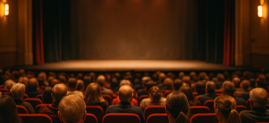 Bilden visar en tom teaterscen och en fullsatt förväntansfull publik