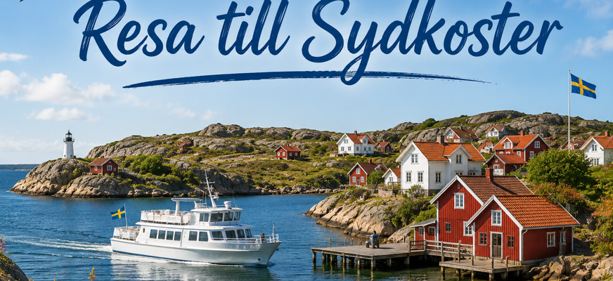 Bild på kusten vid koster. En vit mindre färja flyter fram mellan klippor