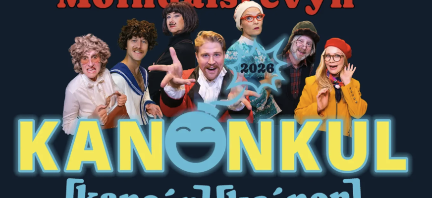 Bilden visar ensemblen i en monterad bild med texten Mölndalsrevyn Kanonkul där O är en glad Emoji