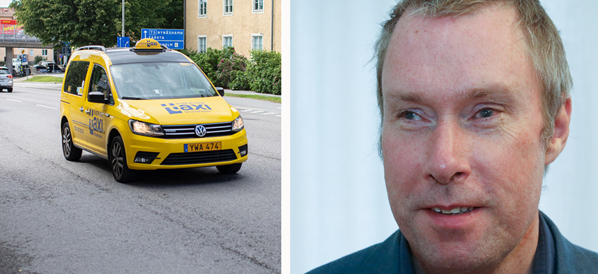 En bild delad i två delar, där den ena delen visar en gul taxi och den andra delen visar en porträttbild på Jimmy Pettersson, som bär kavaj, är rakad och kar kortklippt ljust hår.