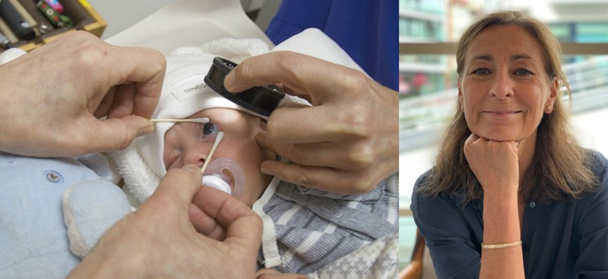En bild som är två bilder som satts ihop. På första bilden screenas en mycket liten bebis för prematuritetsretinopati (ROP). Bebisens ögon hålls öppna med två bomullspinnar medan en läkare i blå skjorta undersöker ögonen. En anhörig håller bebisen i handen. Andra bilden är en porträttbild av Ann Hellström. Hon är i 60-ålsåldern, har blå skjorta och brunt axellångt hår.