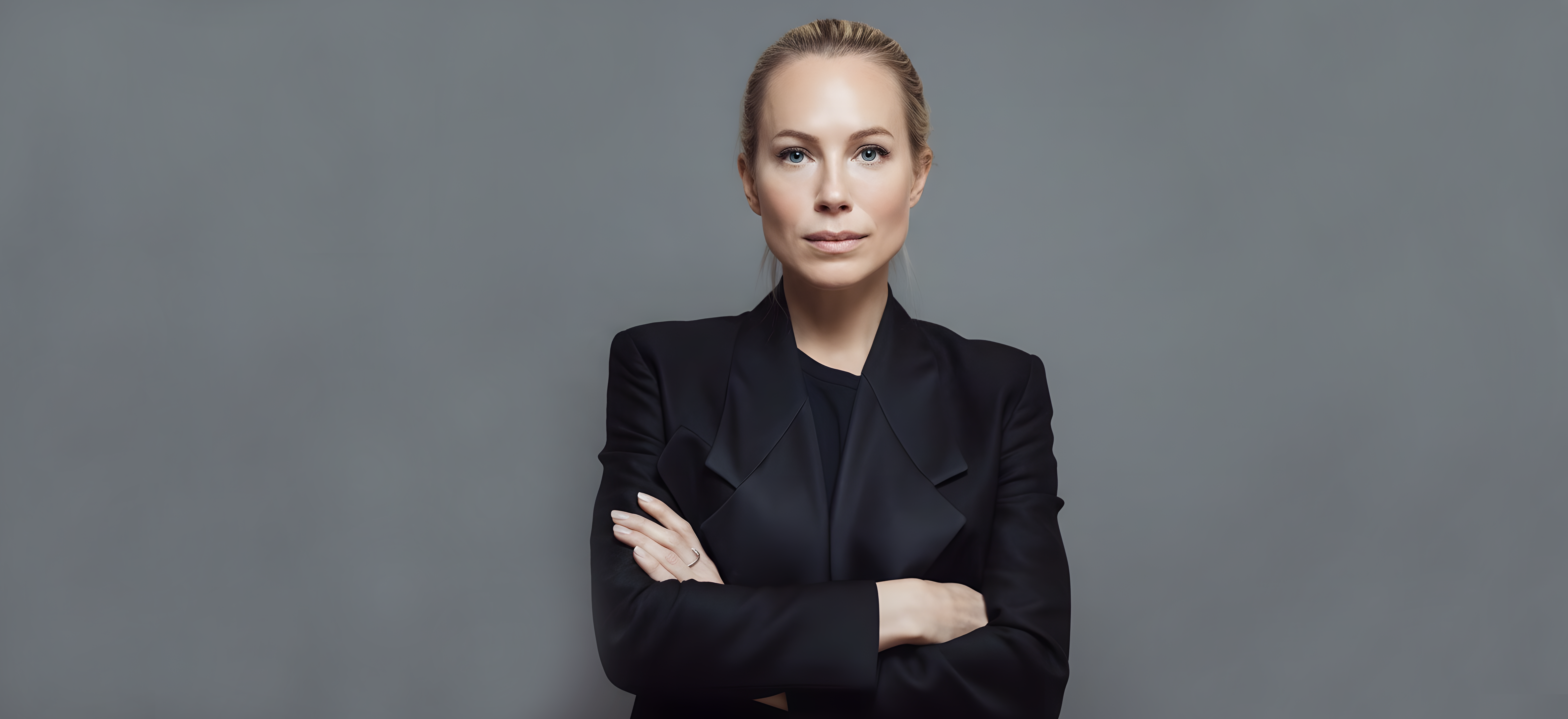 Anna Quarnström står med armarna i kors och tittar rakt in i kameran. Hon är klädd i svart kavaj och har sitt blonda hår uppsatt i en knut i nacken.