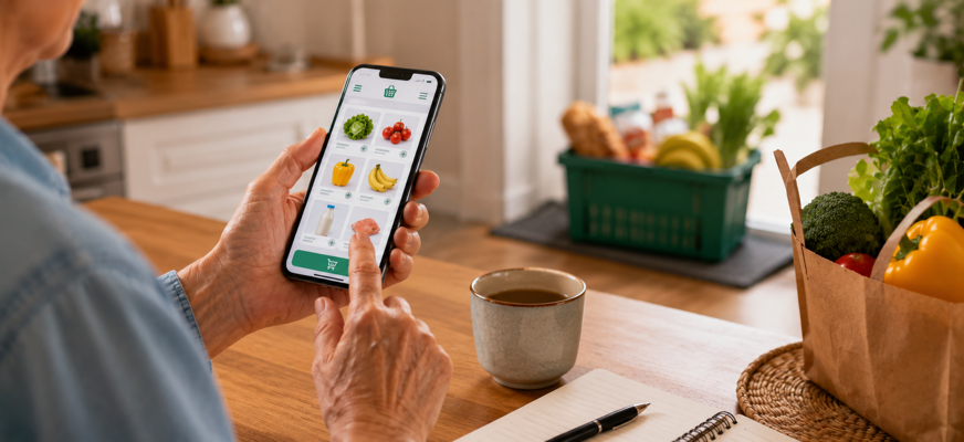 Person handlar mat på nätet med hjälp av sin smarttelefon.