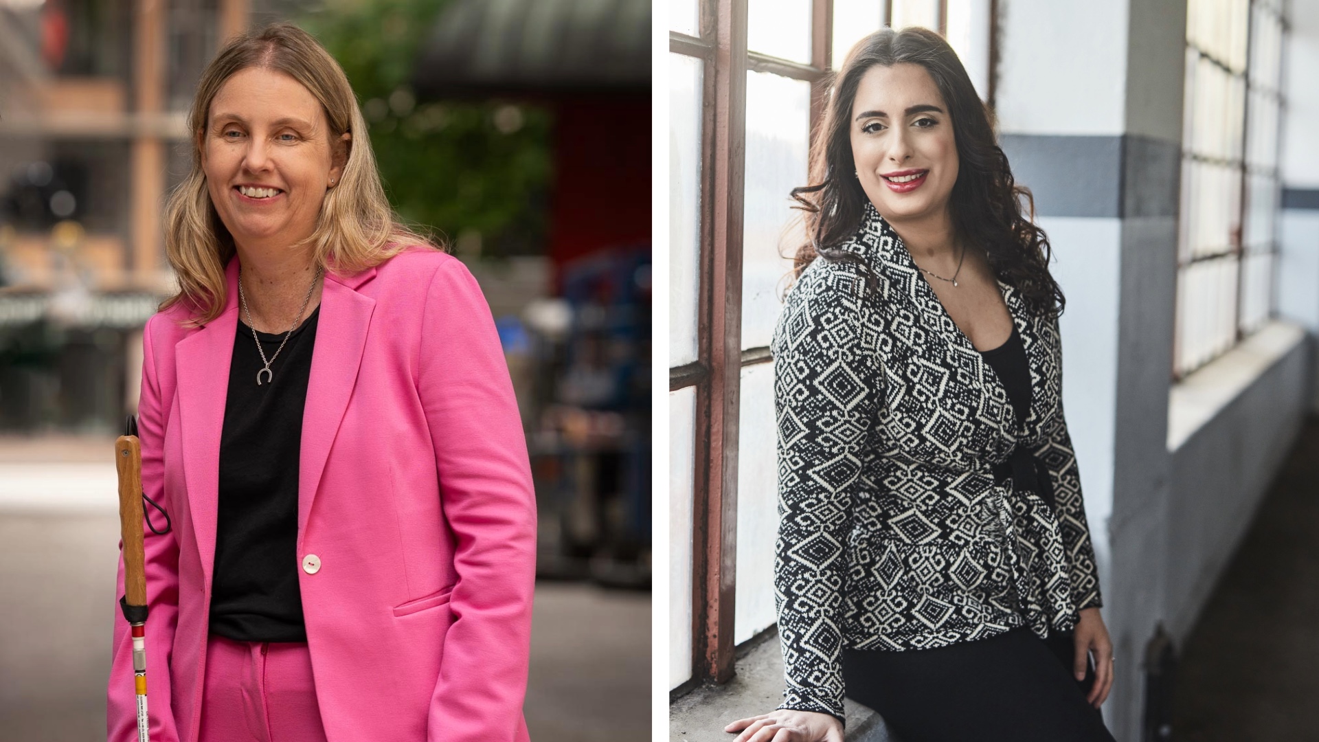 Två bilder på kvinnor i professionella kläder. Till vänster står Anna Bergholtz med ljust hår i rosa kostym, hållande en vit käpp. Till höger sitter Parimah Attarian med mörkt hår vid ett stort fönster, klädd i en svart-vit mönstrad kavaj och svart topp. Båda ler mot kameran.
