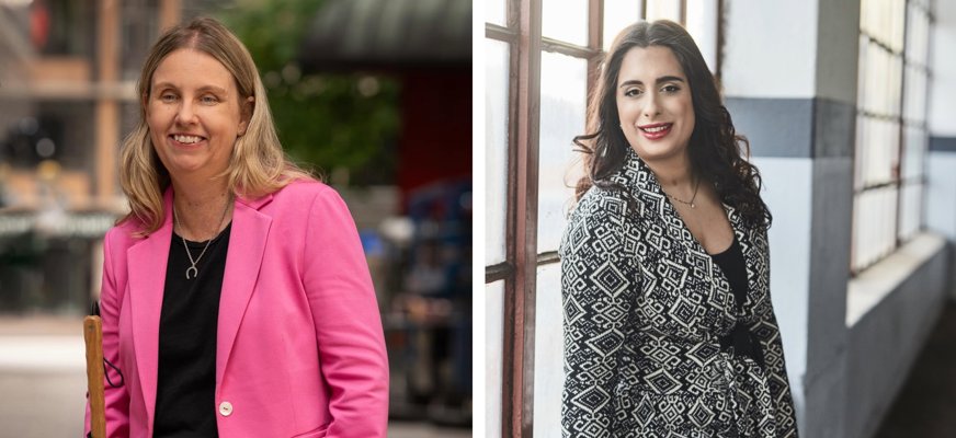 Två bilder på kvinnor i professionella kläder. Till vänster står Anna Bergholtz med ljust hår i rosa kostym, hållande en vit käpp. Till höger sitter Parimah Attarian med mörkt hår vid ett stort fönster, klädd i en svart-vit mönstrad kavaj och svart topp. Båda ler mot kameran.