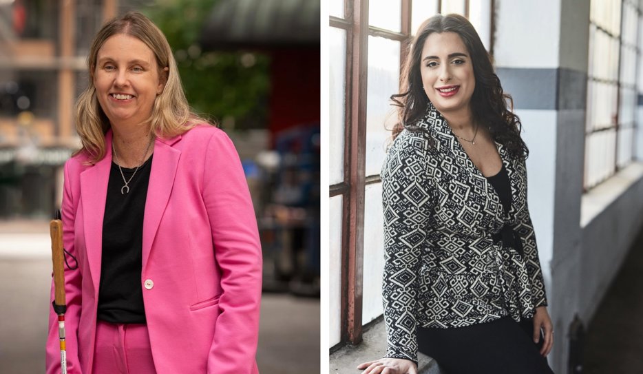 Två bilder på kvinnor i professionella kläder. Till vänster står Anna Bergholtz med ljust hår i rosa kostym, hållande en vit käpp. Till höger sitter Parimah Attarian med mörkt hår vid ett stort fönster, klädd i en svart-vit mönstrad kavaj och svart topp. Båda ler mot kameran.