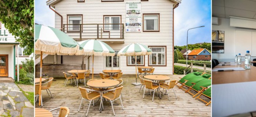 Bild 1: Entrén till Hotell Nordevik. Fasaden är ljus med gröna detaljer. Ovanför dörren finns en stor skylt med hotellets namn i gröna bokstäver. Framför dörren står blomkrukor. Ingången ramas in av grönska. Bild 2: Mötesrum med konferensbord. På bordet finns anteckningsblock, pennor och vattenflaskor. I bakgrunden syns en vit vägg med en whiteboard och två tavlor med segelbåtar på. Bild 3: En uteservering framför Hotell Nordevik. På trädäcket står runda bord med stolar och gröna och vita parasoller.