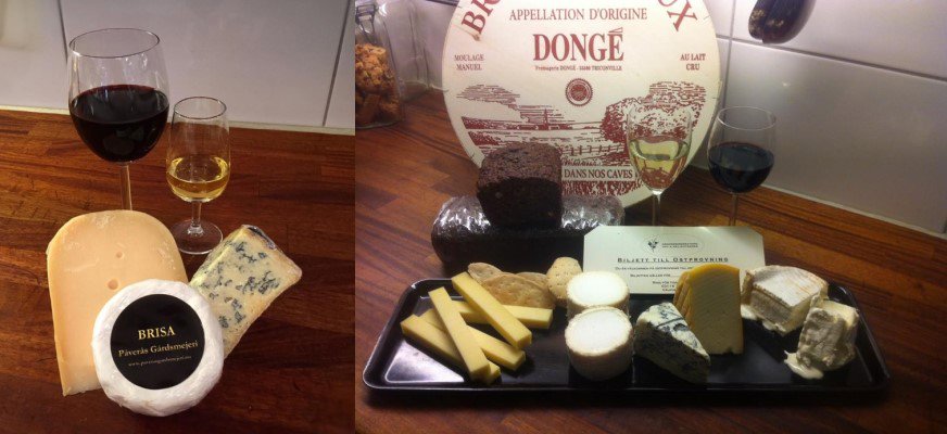 Bild 1: Tre olika sorters ost; en bit hårdost, en rund mjukost med etiketten "BRISA Påverås Gårdsmejeri" och en bit blåmögelost. Bakom dessa står två glas, ett med rött vin och ett med vitt vin. Bild 2: Ostbricka med flera olika sorters ost, kex och bröd på en svart bricka. Mitt på brickan finns två runda getostar och en mögelost med blå ränder. Till höger på brickan ligger en bit hårdost, en rektangulär mjukost med vit kant och en krämig ost. Bakom ostbrickan står två vinglas – ett med vitt vin och ett med rött vin.