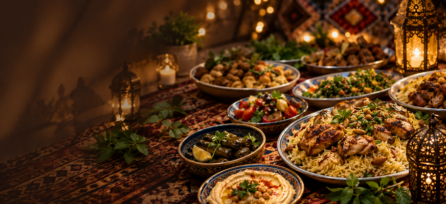 En varm och stämningsfull bild med ett dukat bord fyllt av maträtter inspirerade av Mellanöstern. På bordet syns bland annat ris, grillad kyckling, hummus, sallader och grönsaker, omgivna av dekorativa lyktor och mjukt gyllene ljus som skapar en inbjudande atmosfär.